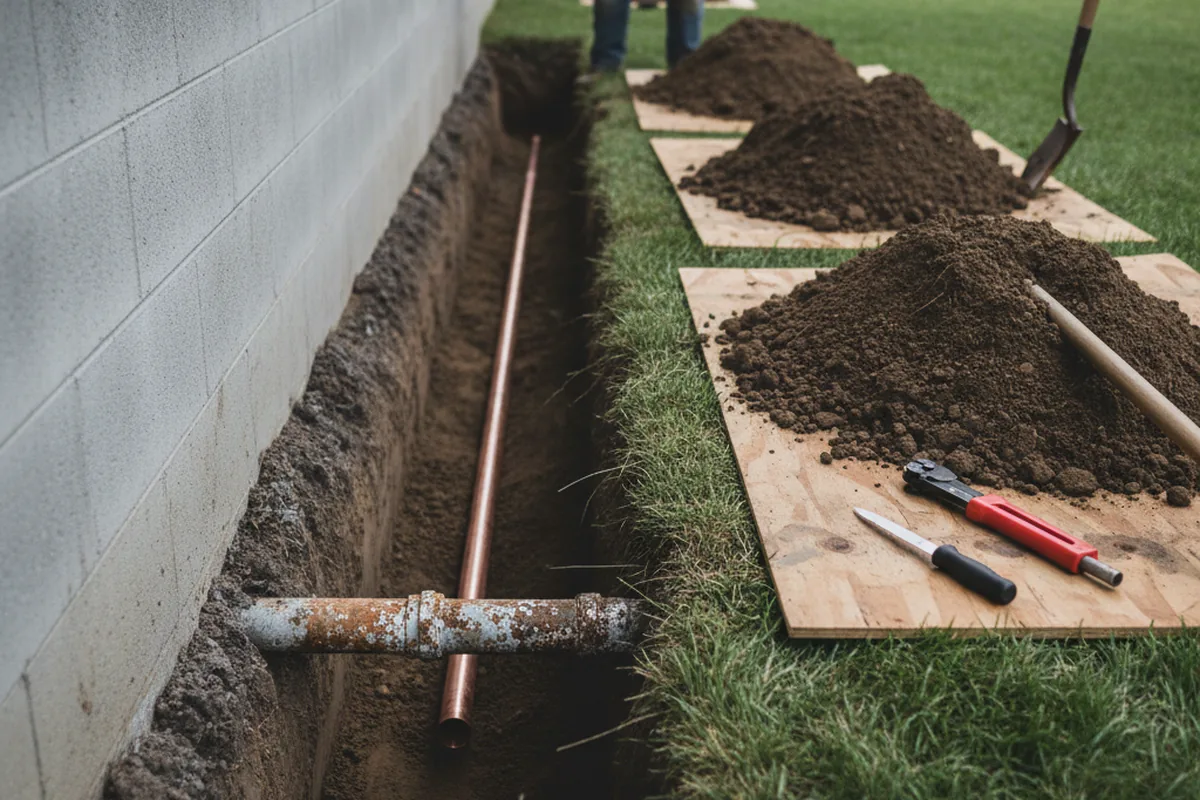 Excavated water line trench during Water Softener Installation in Raiford